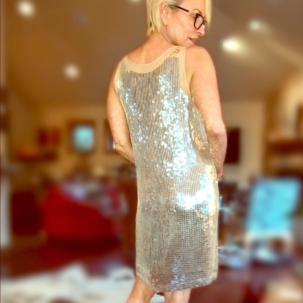 Gold sequined shift dress